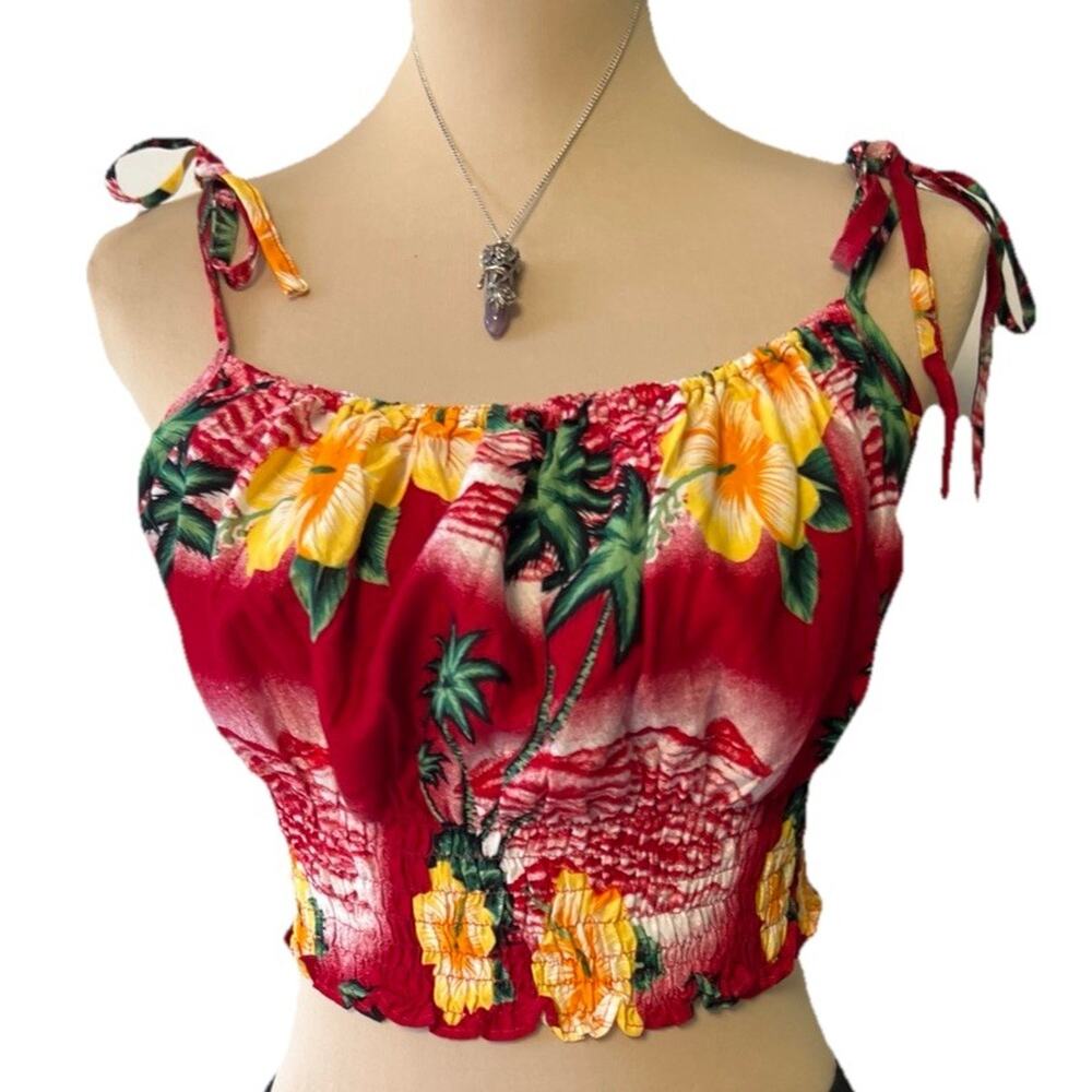 Vintage Y2K Hawaiian Hibiscus Crop Tank Top Medium Tropical Tie Strap Red Resort